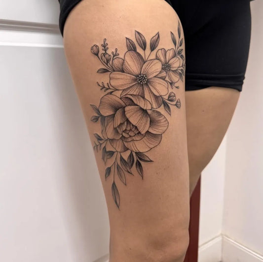Big Floral Peonies and Leaves on Women Thigh Tattoo by @juliabodyart