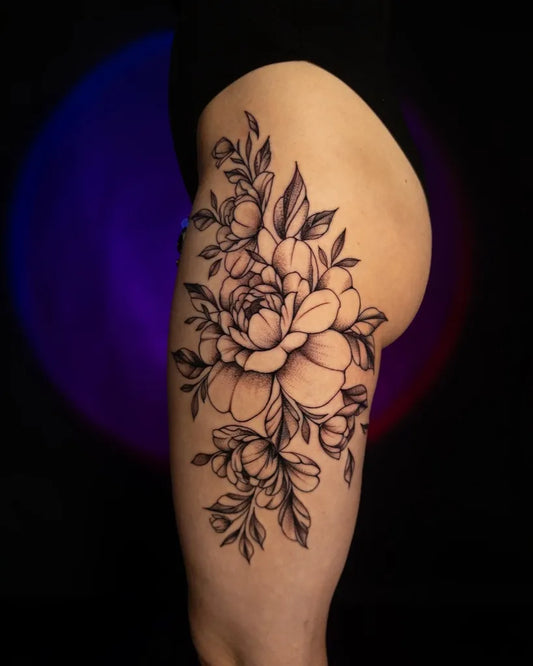 Big Floral Peonies and Leaves on Women Thigh Tattoo by @pablo_blackink