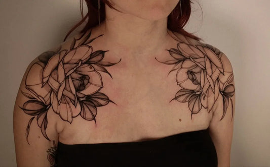 Big Floral Peonies on Women Shoulders Tattoo by @marinalatre