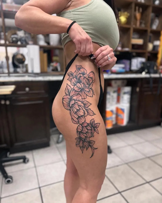 Big Floral Peonies on Women Thigh Tattoo by @liquidinklbk