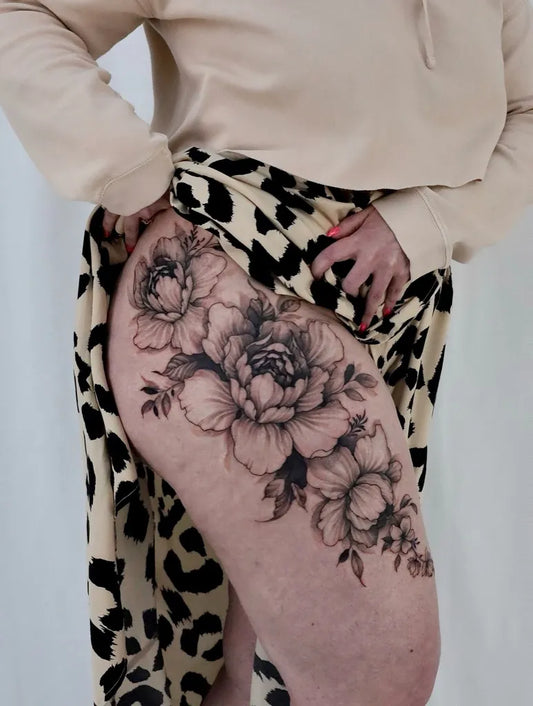 Big Floral Peonies on Women Thigh Tattoo by @studiohon_