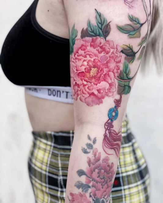 Big Floral Peony Flowers on Women Arm Tattoo by @jiang_inkart