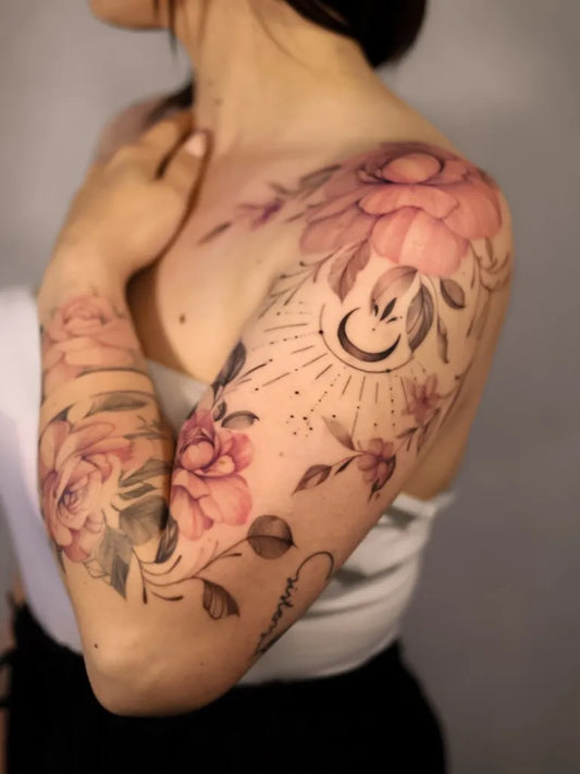 Big Floral Peony Moon Sleeve on Women Arm Flower Tattoo by @zvolinska.ink