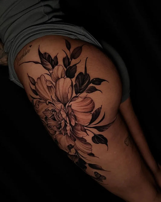 Big Floral Peony and Leaves on Women Thigh Tattoo by @gabriela22ink