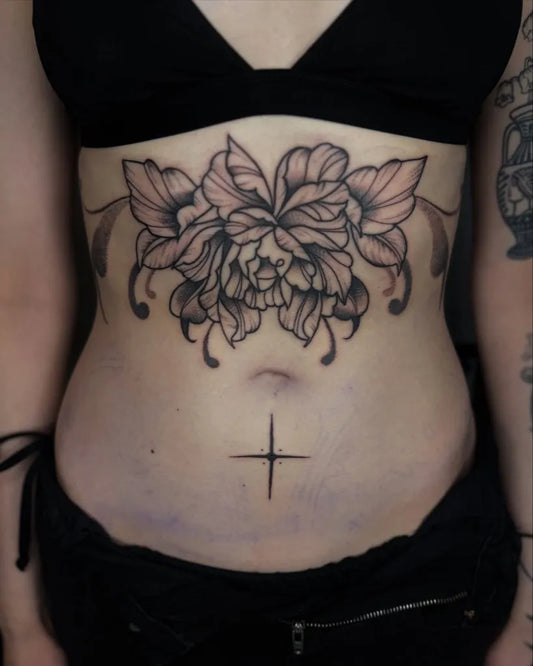 Big Floral Peony with Cross on Women Sternum Tattoo by @postgambino