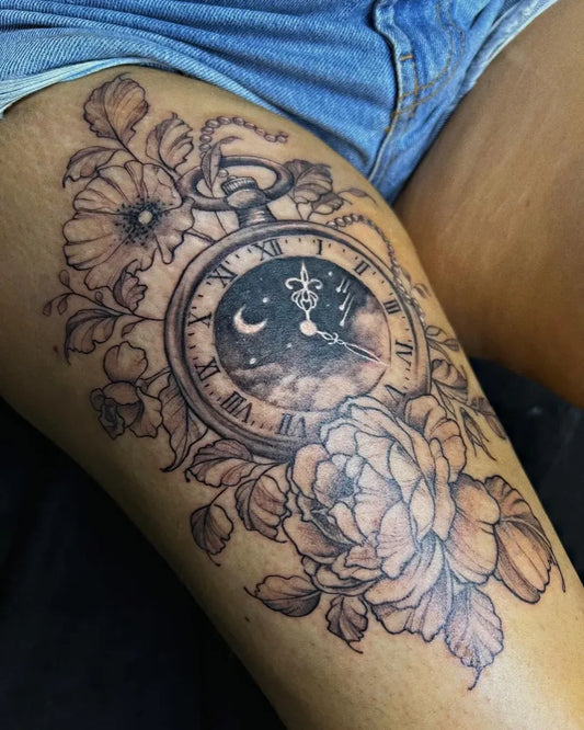 Big Floral Pocket Watch on Women Thigh Tattoo by @charisma.ink