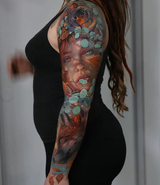 Big Floral Realism Woman Face Flowers Fox on Women Arm Tattoo by @tattoosfolder
