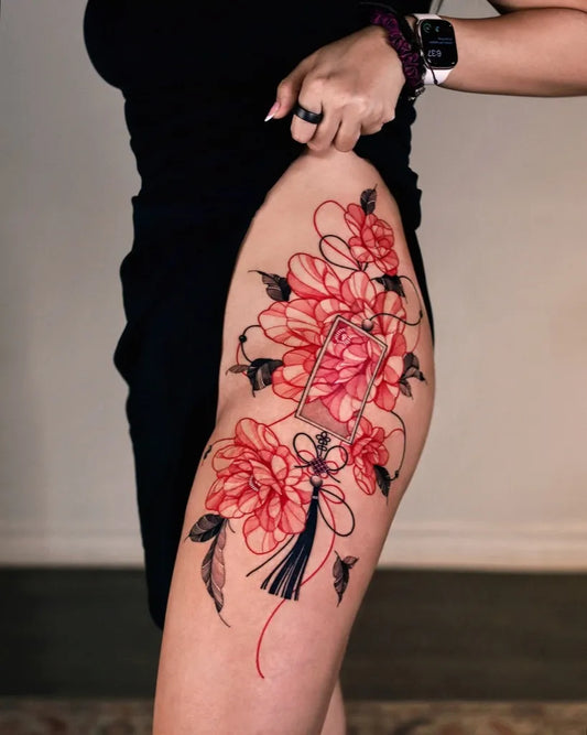 Big Floral Red Flowers on Women Thigh Tattoo by @zeeyeart
