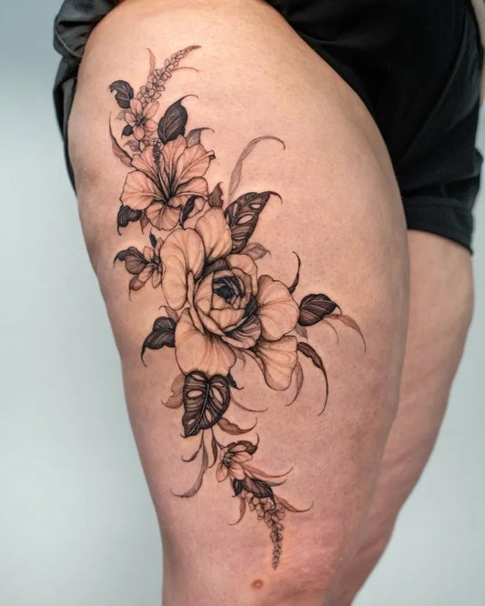 Big Floral Rose and Flowers on Women Thigh Tattoo by @vanya.ink