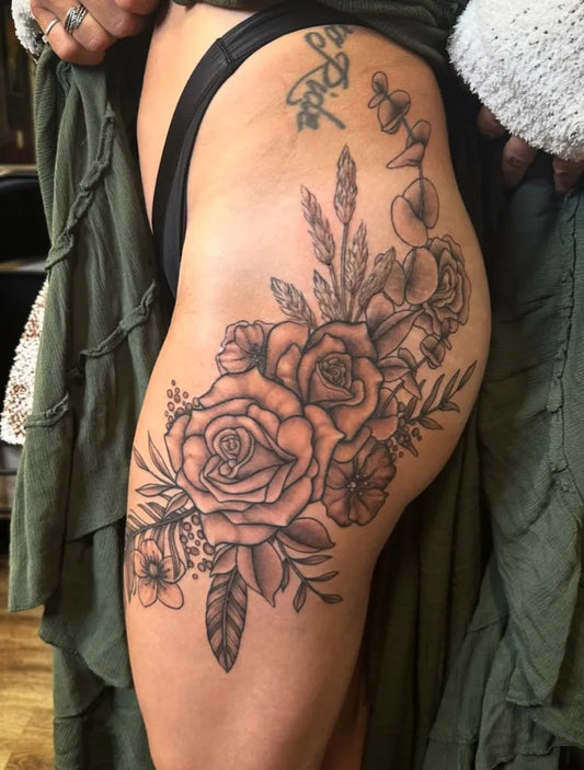 Big Floral Roses and Leaves on Women Thigh Tattoo by @skybluestattoos