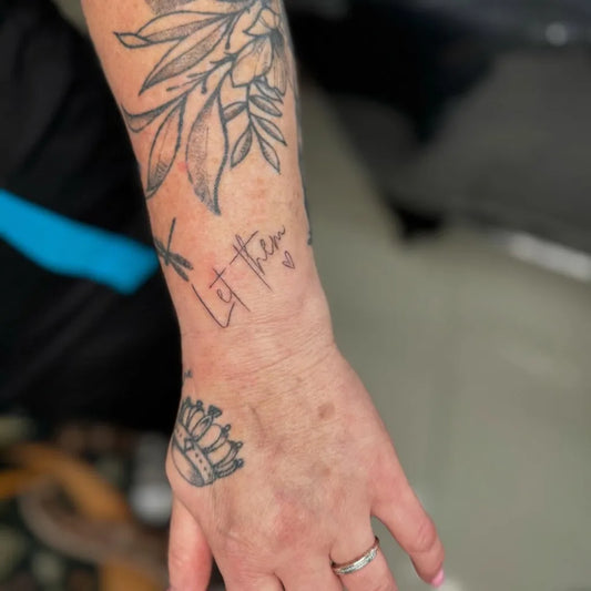 Big Floral Script Crown Let Them on Women Arm Tattoo by @mumalushjc