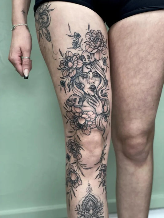 Big Floral Skull Woman on Women Leg Tattoo by @gottstattoo