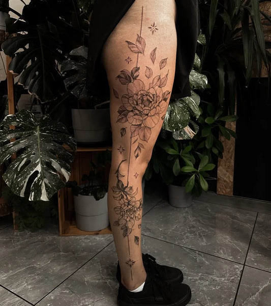 Big Floral Sleeve on Women Leg Tattoo by @aha.tattoo