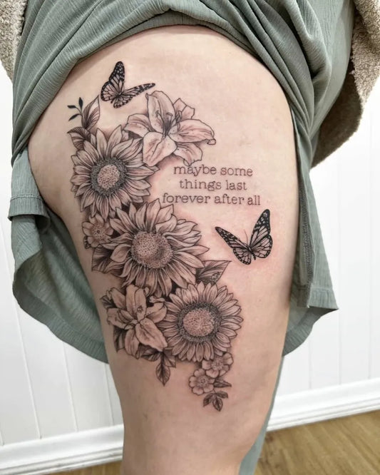 Big Floral Sunflowers Lilies Butterflies on Women Thigh Tattoo by @roseandthorntattoostudio