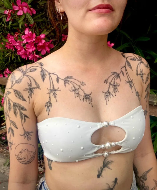 Big Floral Vine Fuchsias on Women Chest Tattoo by @ulaluart