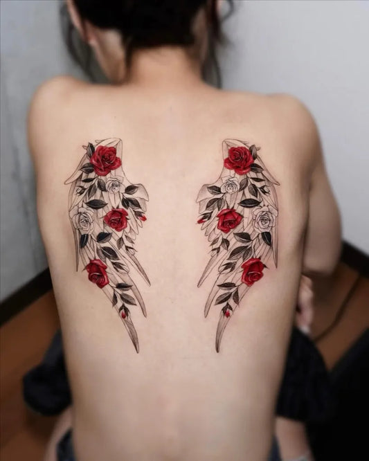 Big Floral Wings on Women Back Tattoo by @ciel_tattoo