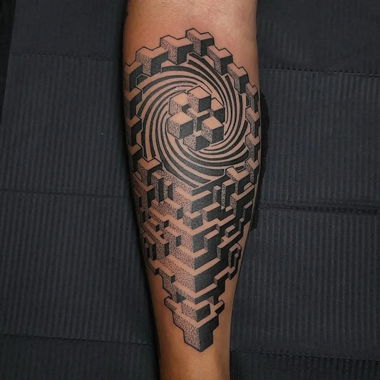 Big Geometric 3D Cube Vortex on Men Arm Tattoo by @valdir_custom_irons