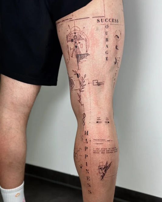 Big Geometric Abstract Diagrams on Men Leg Tattoo by @pmtsketch
