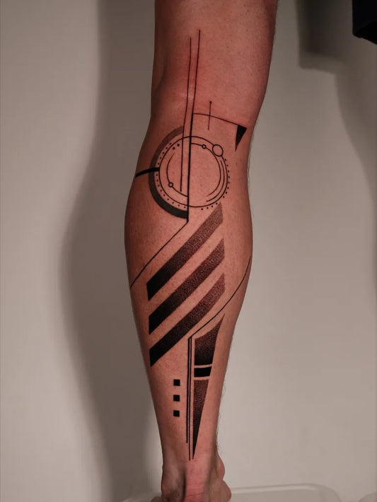 Big Geometric Abstract Geometric Shapes on Men Leg Tattoo by @jundoisme
