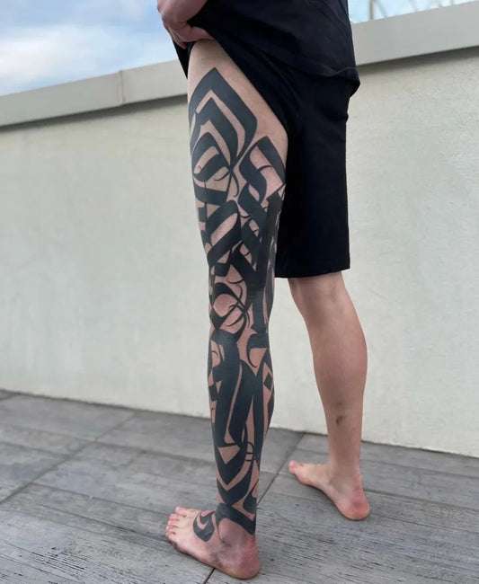 Big Geometric Abstract on Men Leg Tattoo by @cellardoor_tattoostudio