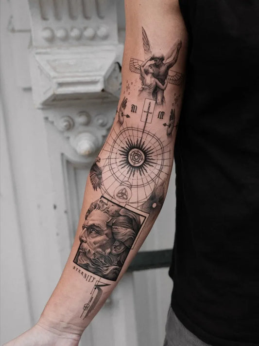 Big Geometric Angel Compass Portrait on Men Arm Tattoo by @rene.bach