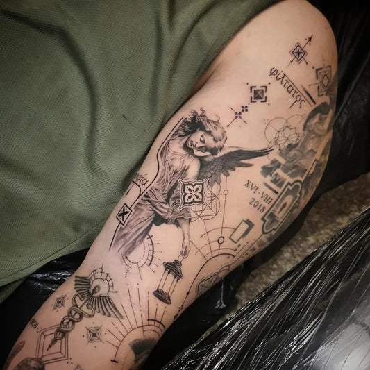 Big Geometric Angel Geometric Shapes Lantern on Men Leg Tattoo by @rem_bkk