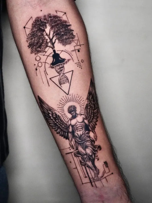 Big Geometric Angel Tree on Men Arm Tattoo by @spartans_tattoos