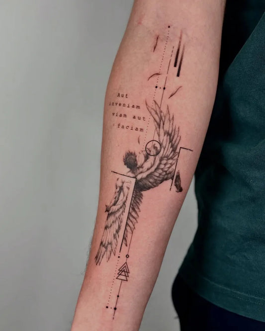 Big Geometric Angel and Cage on Men Forearm Tattoo by @pmtsketch