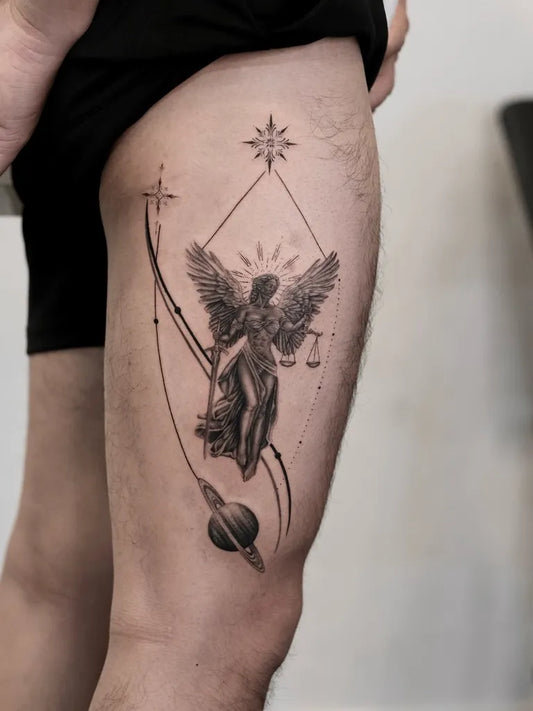 Big Geometric Angel with Scales and Planet on Men Thigh Tattoo by @ac.art_tattoostudio