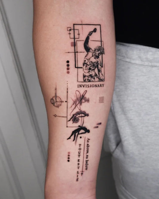 Big Geometric ArmFigureInFrame on Men Forearm Tattoo by @eve.tattooer