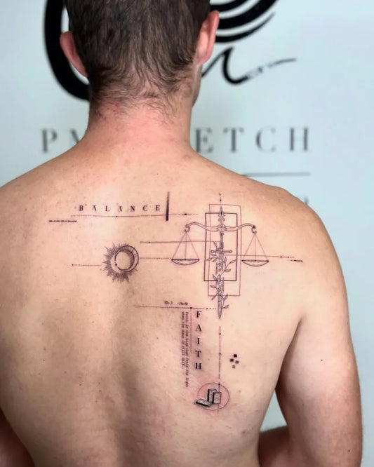 Big Geometric Balance Scales Faith on Men Back Tattoo by @pmtsketch
