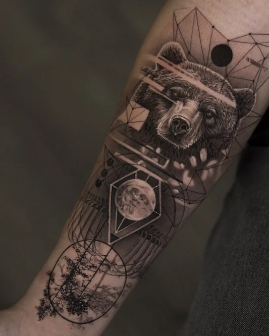 Big Geometric Bear Moon Geometric on Men Arm Tattoo by @lefran_artt