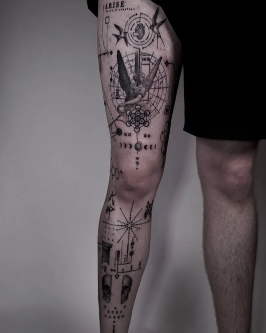 Big Geometric Bird Mandala on Men Leg Tattoo by @adam_whelan_tattoos