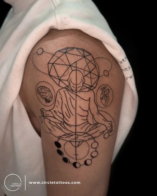 Big Geometric Buddha Brain Heart on Men Arm Tattoo by @circletattoopune