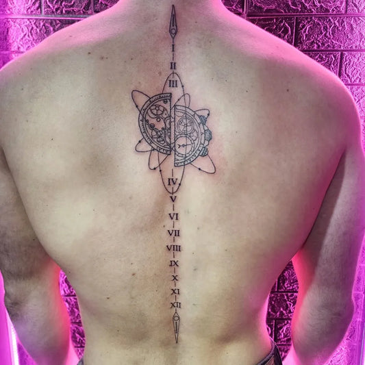 Big Geometric Compass Globe Roman Numerals on Men Back Tattoo by @mynameishellish