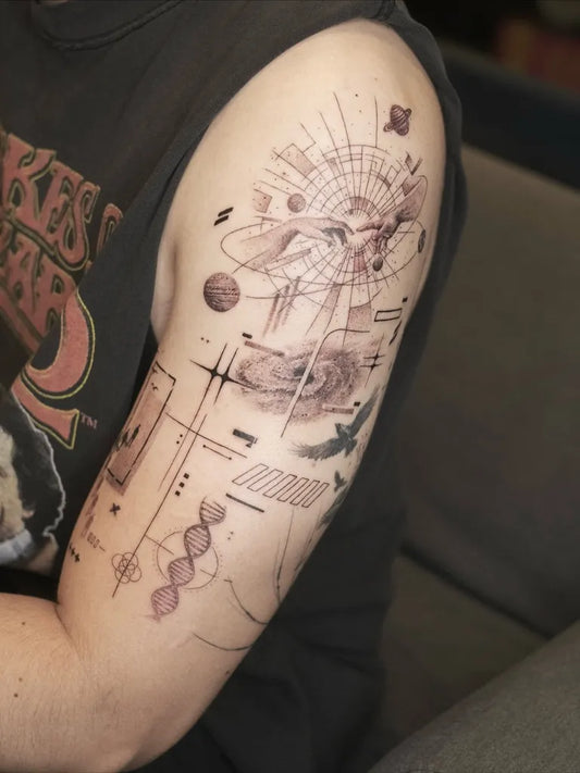 Big Geometric Cosmic Network on Men Arm Tattoo by @lonewolf_studio