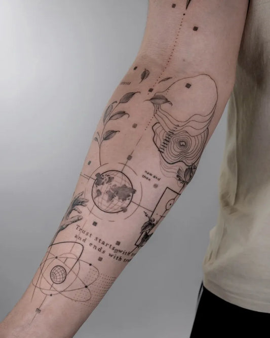 Big Geometric Cosmos Leaves Code on Men Arm Tattoo by @themonoink
