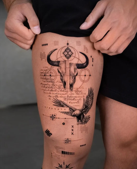 Big Geometric Eagle Skull and Geometric Elements Tattoo on Men Thigh by @tinascka.tt