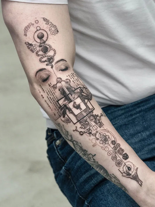Big Geometric Eye Face Mechanism on Men Arm Tattoo by @noma_tattooer