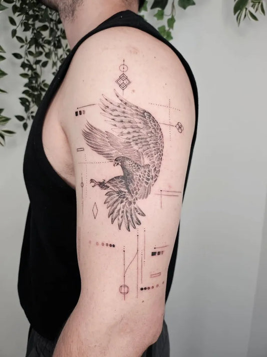 Big Geometric Falcon on Men Arm Tattoo by @tattooer_owen