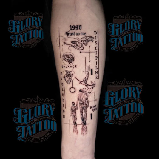 Big Geometric Family and Bird on Men Arm Tattoo by @glory_tattoo_pattaya