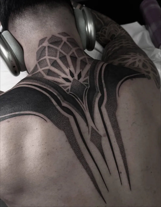 Big Geometric Geometric Wings and Neck Piece on Men Back Tattoo by @isart____