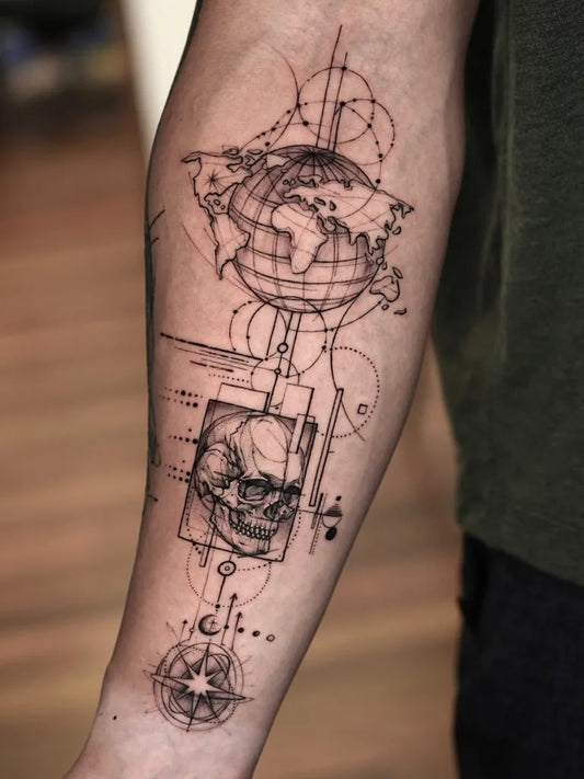 Big Geometric Globe Skull Compass on Men Arm Tattoo by @bk_tattooer