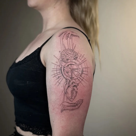 Big Geometric Hands Clock Brain on Women Arm Tattoo by @99.roots