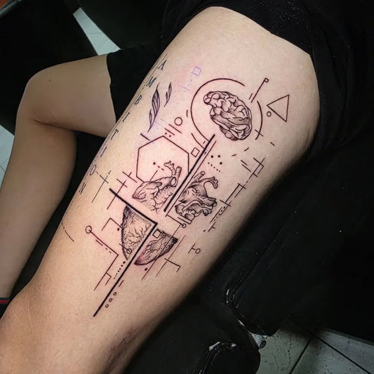Big Geometric Heart Brain on Women Thigh Tattoo by @lewistattoolife