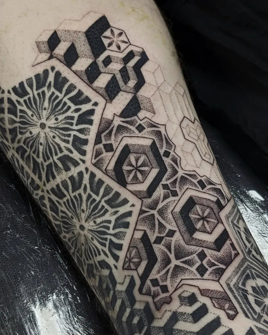 Big Geometric Hexagonal Cubes and Mandalas on Men Arm Tattoo by @jessijamestattoo