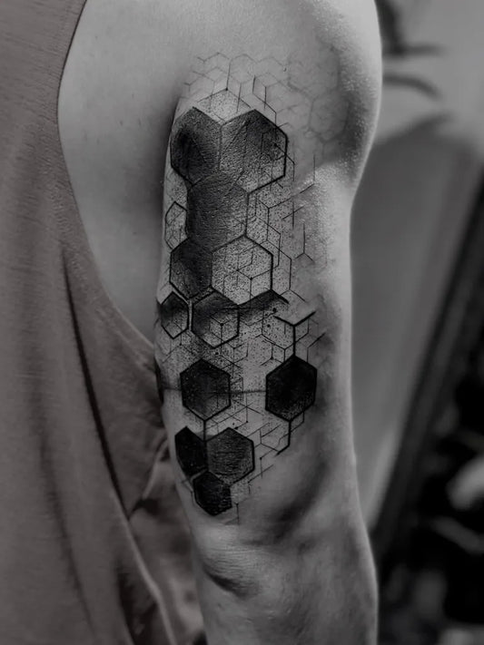 Big Geometric Hexagonal Grid on Men Arm Tattoo by @davidditmas_tattoo
