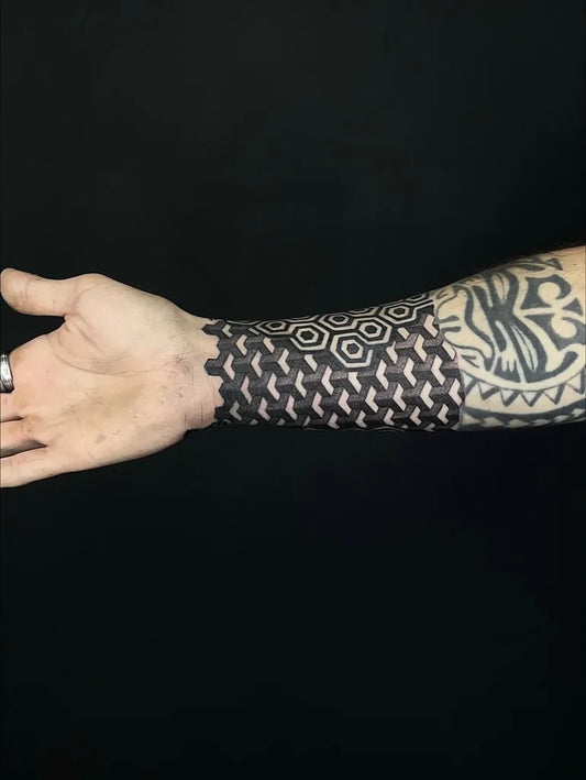 Big Geometric Hexagons Tribal Patterns on Men Forearm Tattoo by @rina_inkwish