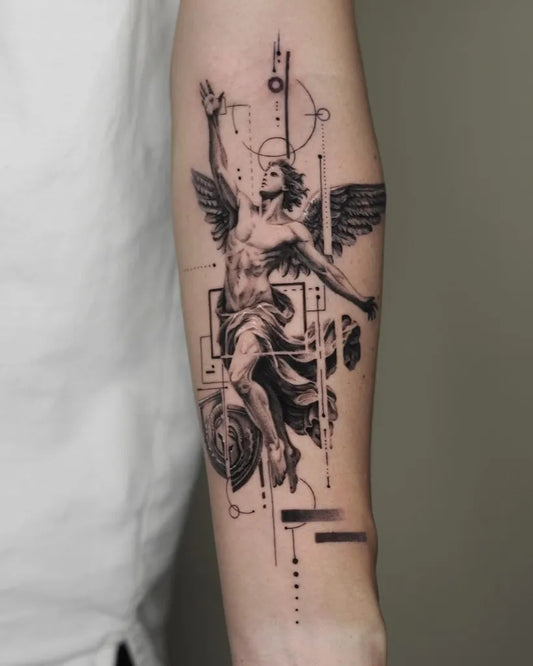 Big Geometric Icarus on Men Arm Tattoo by @moowoai_tt