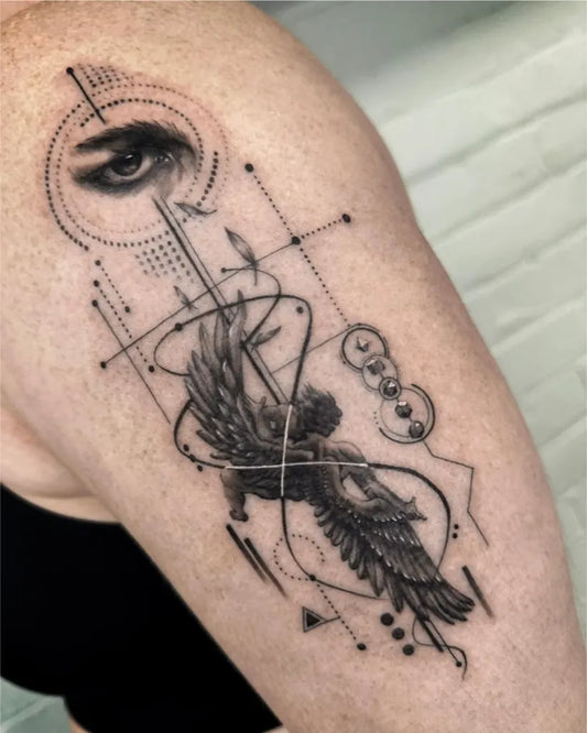 Big Geometric Icarus with Eye and Wings on Women Arm Tattoo by @mireu_ink